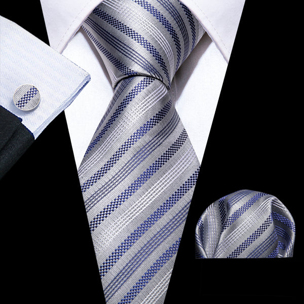 Grey Blue Striped Men's Necktie Pocket Square Cufflinks Set