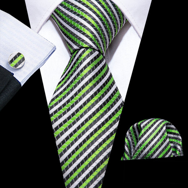 Black White Green Striped Men's Necktie Pocket Square Cufflinks Set