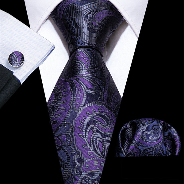 Dark Black Purple Paisley Men's Necktie Pocket Square Cufflinks Set