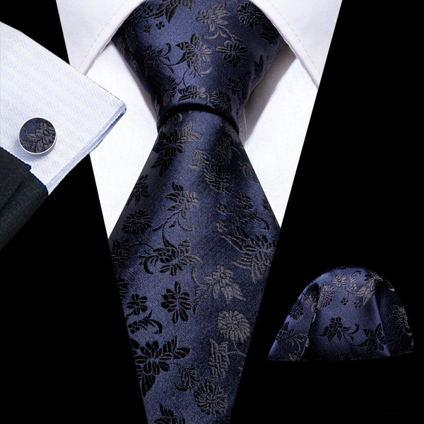 Royal Blue Black Floral Silk Men's Necktie Pocket Square Cufflinks Set
