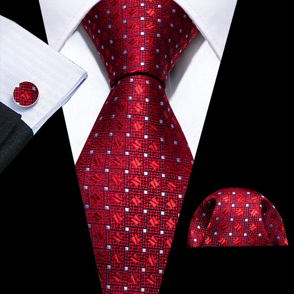 Classic Dark Red Plaid Men's Necktie Pocket Square Cufflinks Set