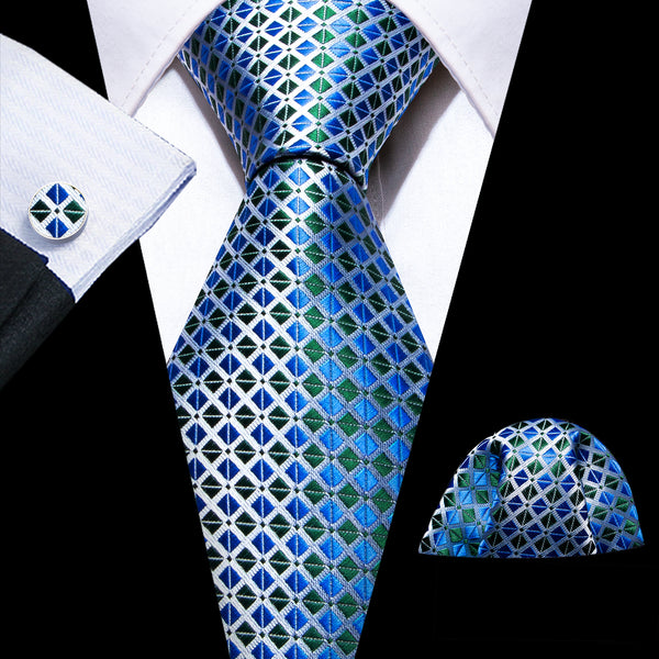 White Blue Green Plaid Silk Men's Necktie Pocket Square Cufflinks Set