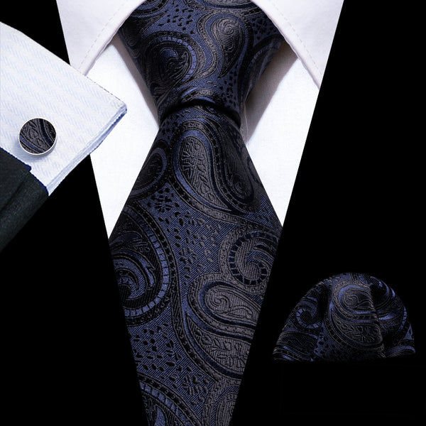 Dark Blue Paisley Silk Men's Necktie Pocket Square Cufflinks Set