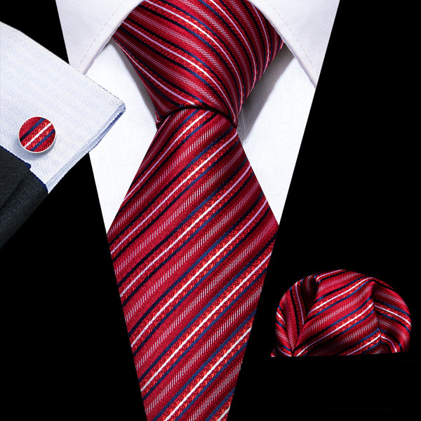 Red Blue Striped Men's Necktie Pocket Square Cufflinks Set