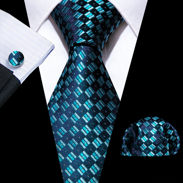 Blue Plaid Silk Men's Necktie Pocket Square Cufflinks Set