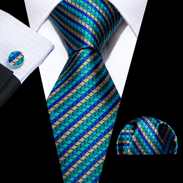 Blue Green Champagne Striped Men's Necktie Pocket Square Cufflinks Set