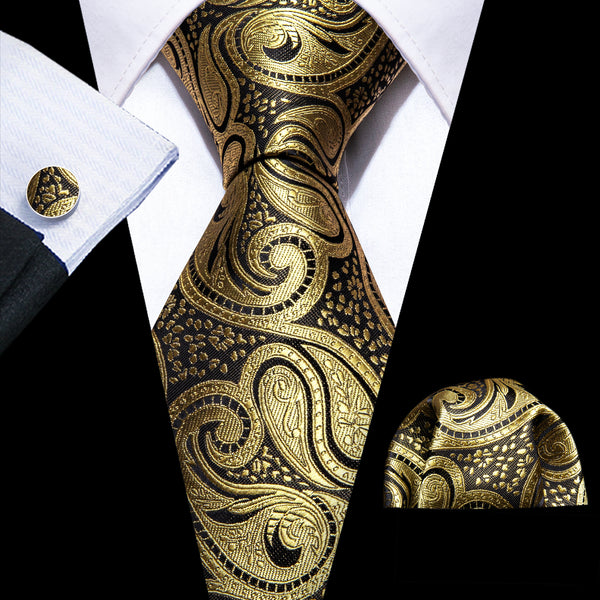 Black Golden Paisley Men's Necktie Pocket Square Cufflinks Set