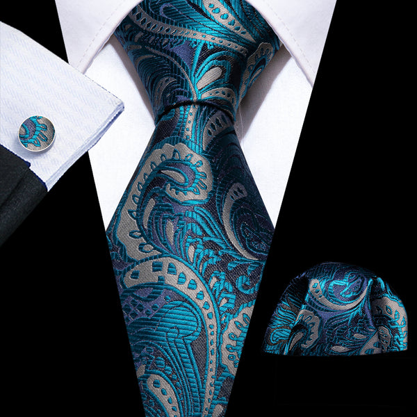 Blue Paisley Silk Men's Necktie Pocket Square Cufflinks Set