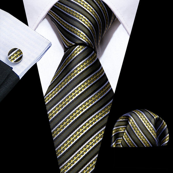 Black Golden Striped Men's Necktie Pocket Square Cufflinks Set