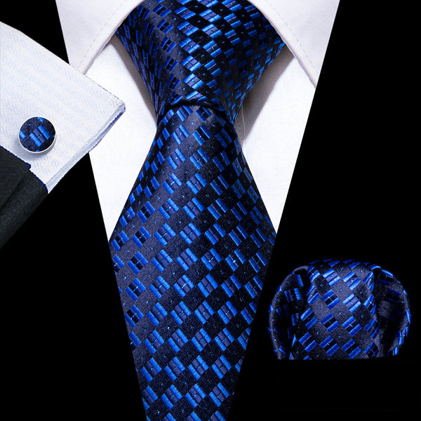 Royal Blue Plaid Silk Men's Necktie Pocket Square Cufflinks Set