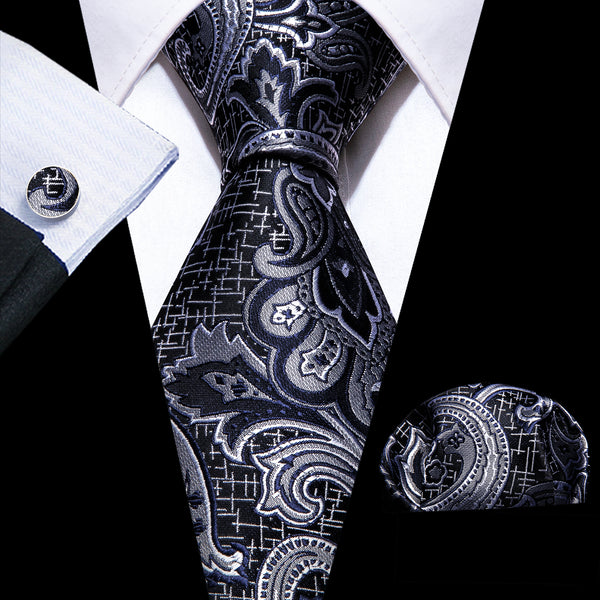 Black White Floral Men's Necktie Pocket Square Cufflinks Set