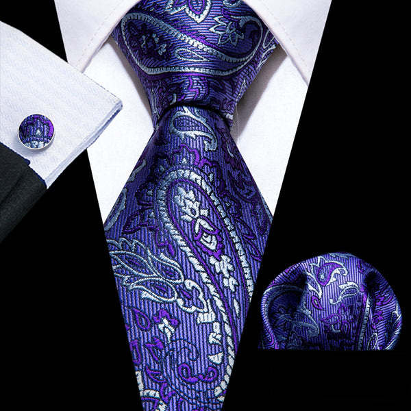 Dark Purple Paisley Men's Necktie Pocket Square Cufflinks Set