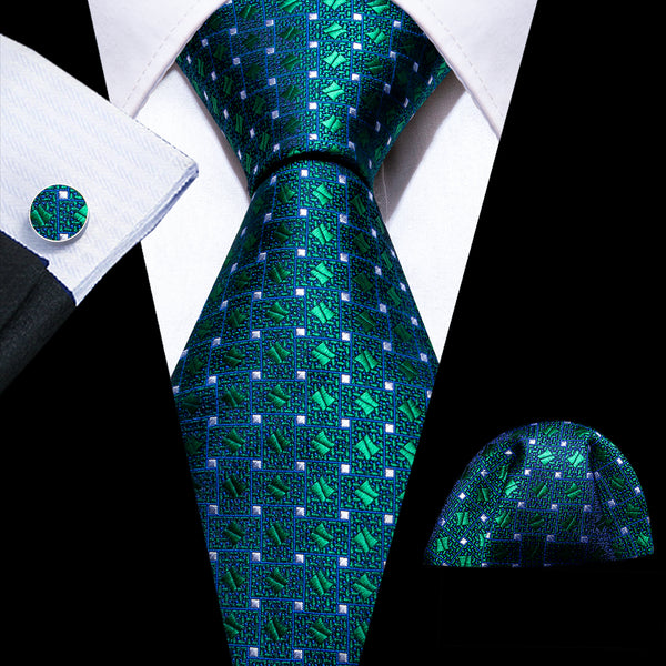 Blue Line Green Polka Dot Silk Men's Necktie Pocket Square Cufflinks Set