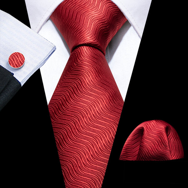 Classic Red Wave Striped Silk Men's Necktie Pocket Square Cufflinks Set