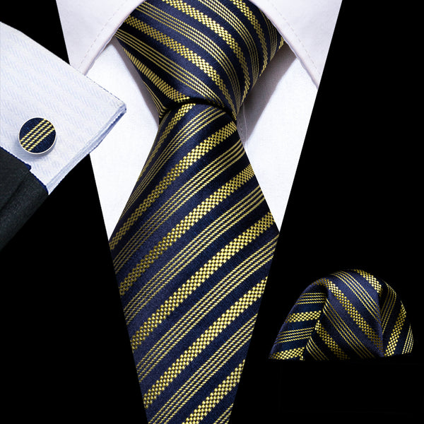 Royal Blue Golden Striped Silk Men's Necktie Pocket Square Cufflinks Set