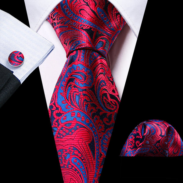 Blue Red Paisley Silk Men's Necktie Pocket Square Cufflinks Set