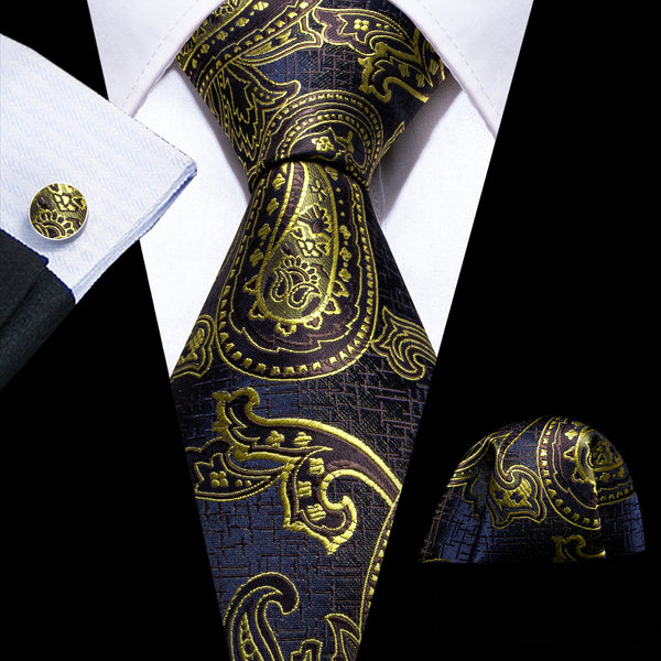 Dark Blue Golden Gradient Paisley Silk Men's Necktie Pocket Square Cufflinks Set
