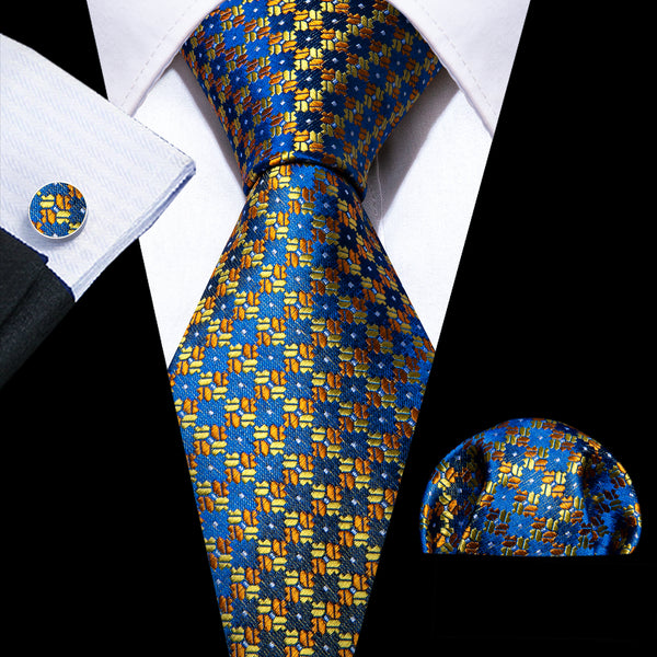 Dark Blue Golden Gradient Floral Silk Men's Necktie Pocket Square Cufflinks Set