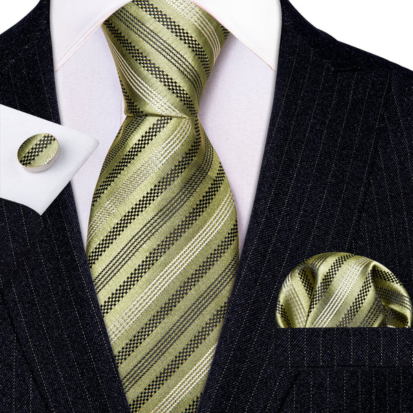 Olive Green Striped Silk Tie Pocket Square Cufflinks Set
