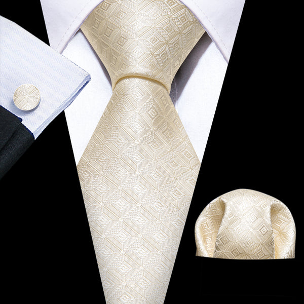 Beige Plaid Men's Necktie Pocket Square Cufflinks Set