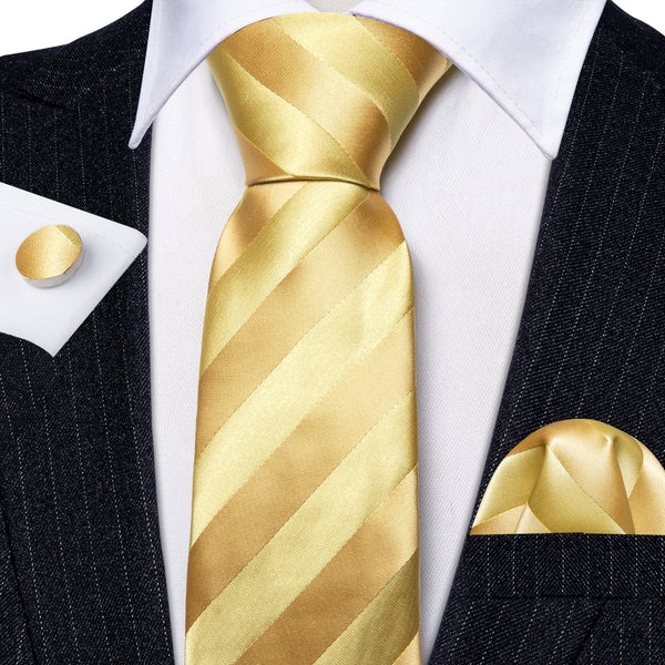 Yellow Striped Silk Tie Pocket Square Cufflinks Set