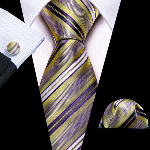 Purple Gold Strip Silk Tie Pocket Square Cufflinks Set