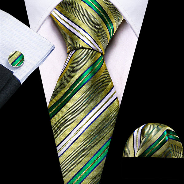 Green White Strip Silk Tie Pocket Square Cufflinks Set