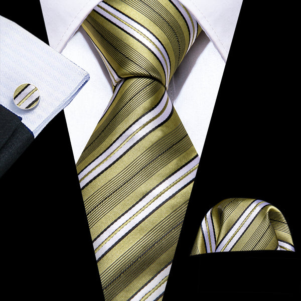 Green Golden Striped Men's Necktie Pocket Square Cufflinks Set