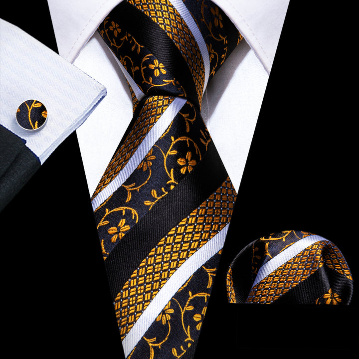 black gold white striped floral mens silk dress suit tie
