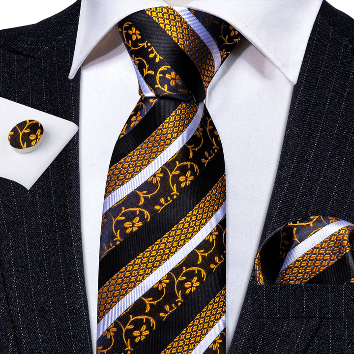 black gold white striped floral mens silk dress suit tie