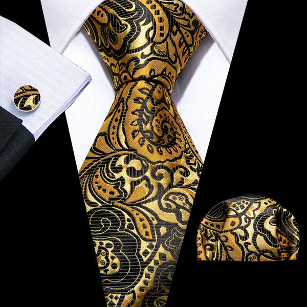 Black Golden Paisley Men's Necktie Pocket Square Cufflinks Set