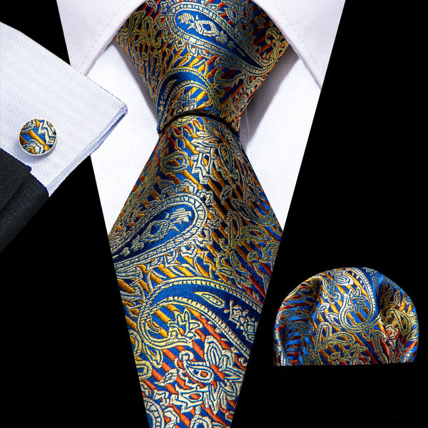 Blue Gradient Golden Paisley Men's Necktie Pocket Square Cufflinks Set