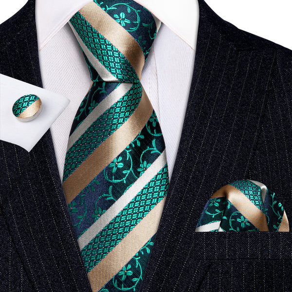 Ties2you Floral Tie Teal Green Champagne Striped Silk Tie Pocket Square Cufflinks Set