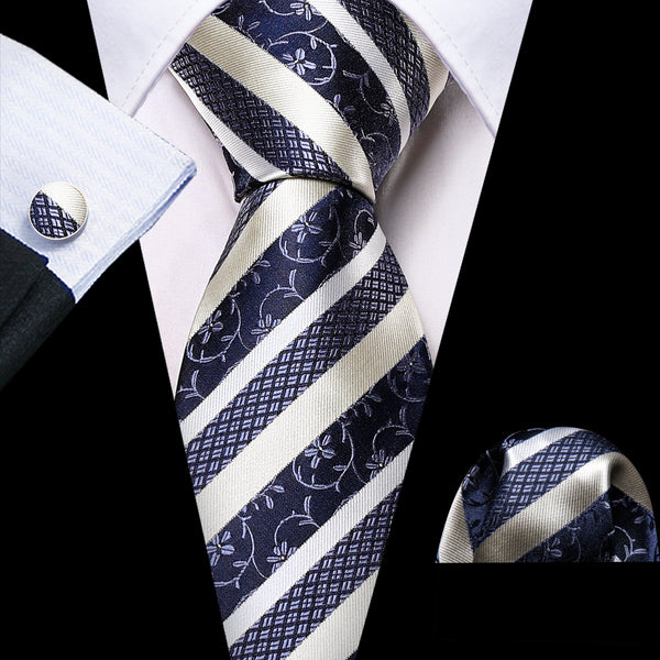 Black Champagne Striped Men's Necktie Pocket Square Cufflinks Set
