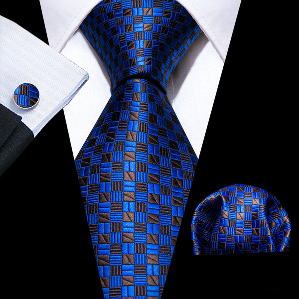 Klein Blue Brown Plaid Men's Necktie Pocket Square Cufflinks Set