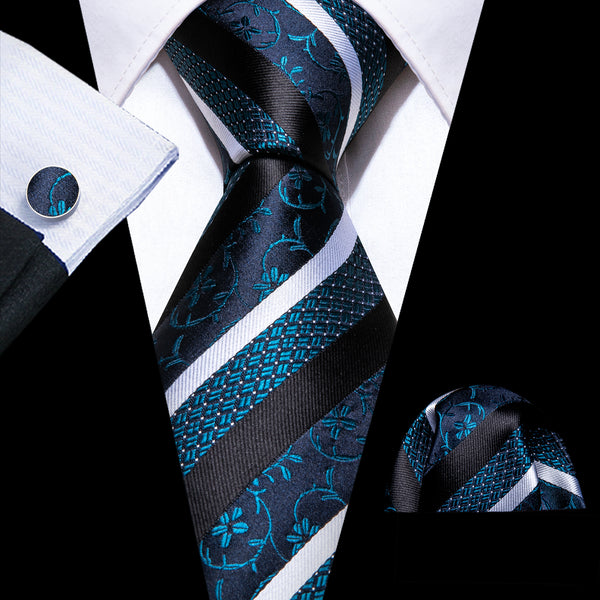 Black Blue Striped Men's Necktie Pocket Square Cufflinks Set