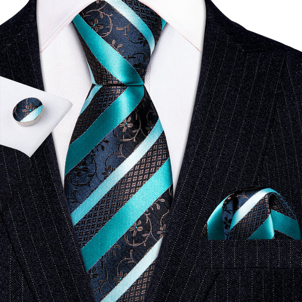 Teal Blue Striped Silk Tie Pocket Square Cufflinks Set