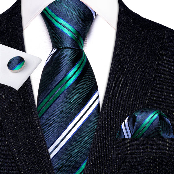 Blue Green Striped Silk Tie Pocket Square Cufflinks Set