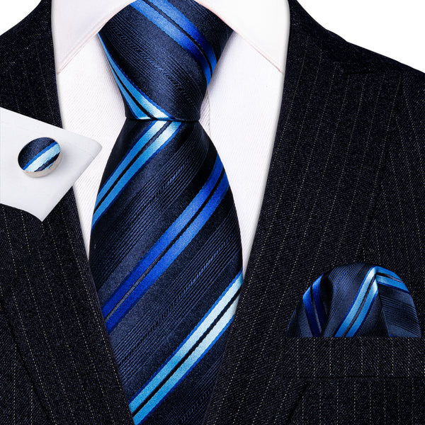 Navy Blue Striped Silk Tie Pocket Square Cufflinks Set