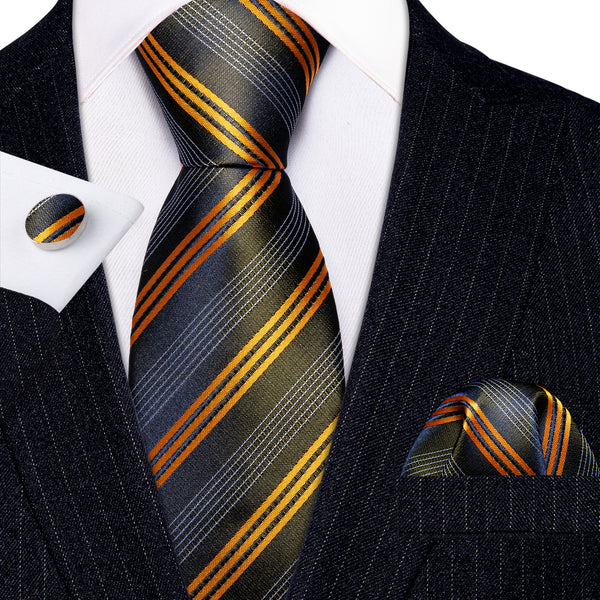 Blue Orange Striped Silk Tie Pocket Square Cufflinks Set