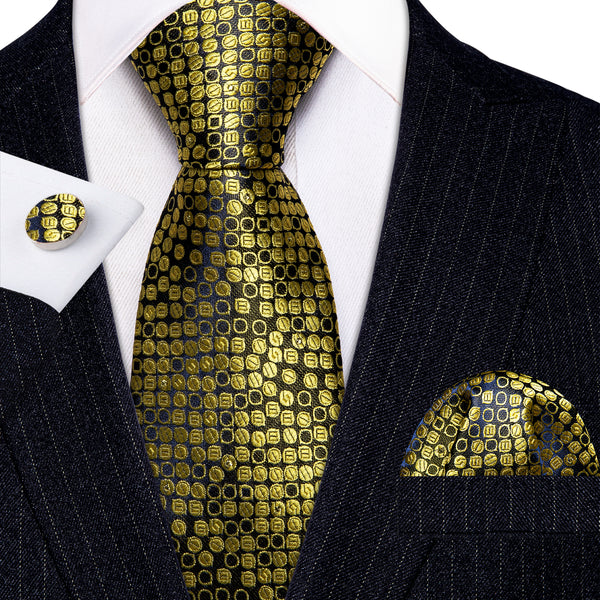 Black Golden Dot Silk Tie Pocket Square Cufflinks Set