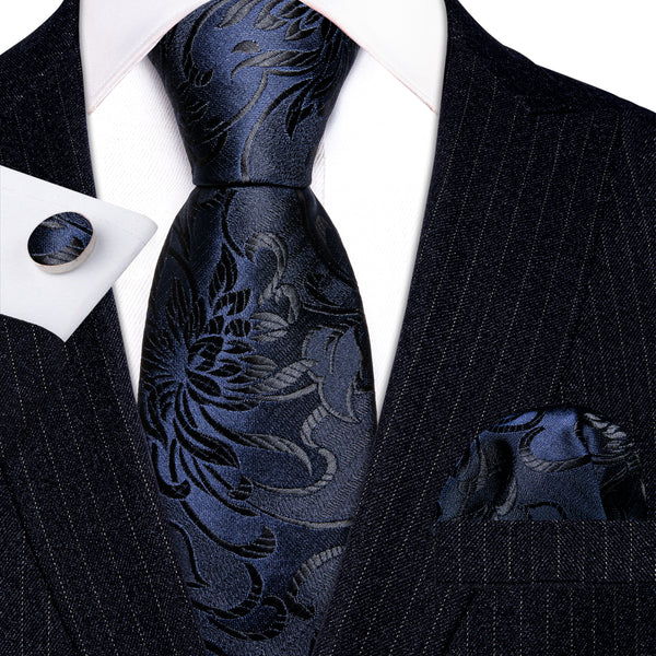 Navy Blue Black Paisley Silk Tie Pocket Square Cufflinks Set