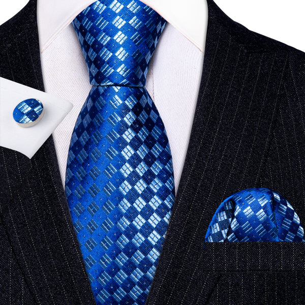 Blue White Novelty Silk Tie Pocket Square Cufflinks Set