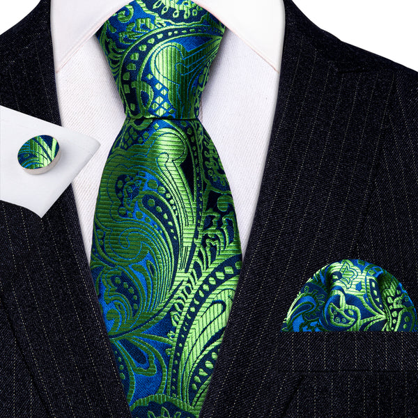 Blue Green Paisley Silk Tie Pocket Square Cufflinks Set