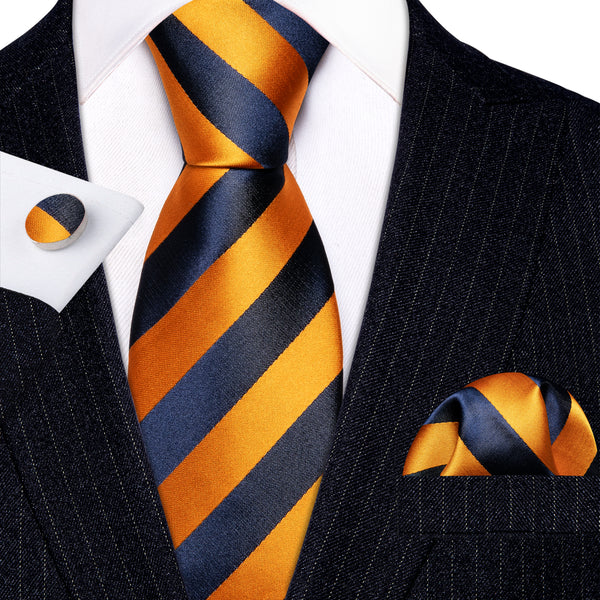 Orange Blue Wide Strip Silk Tie Pocket Square Cufflinks Set