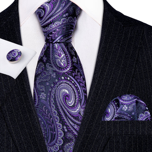 Purple White Paisley Silk Tie Pocket Square Cufflinks Set