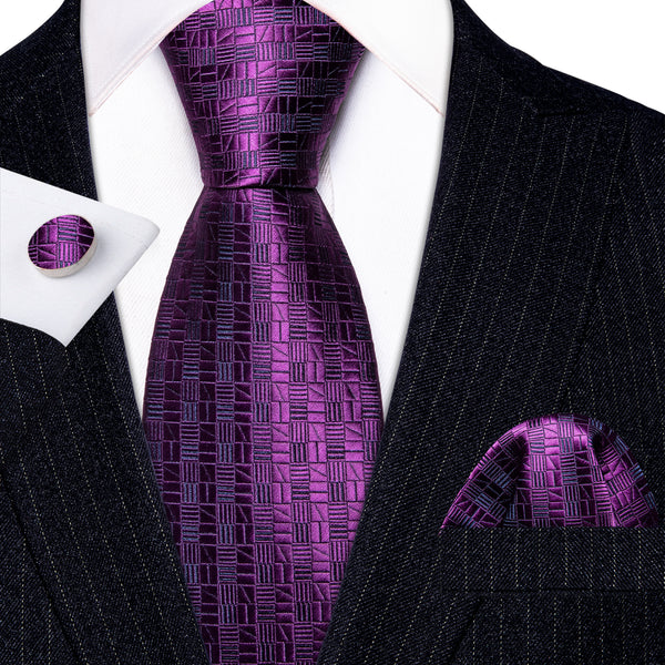 Dark Purple Plaid Silk Tie Pocket Square Cufflinks Set