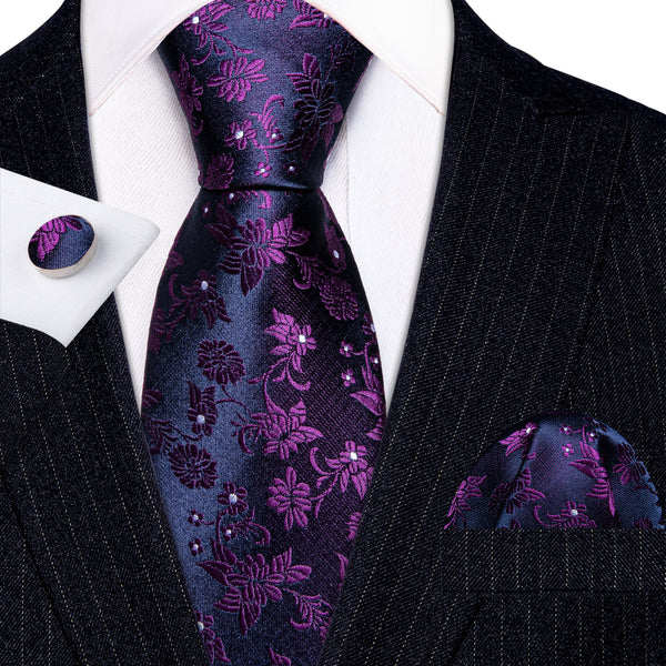 Blue Purple Flower Silk Tie Pocket Square Cufflinks Set