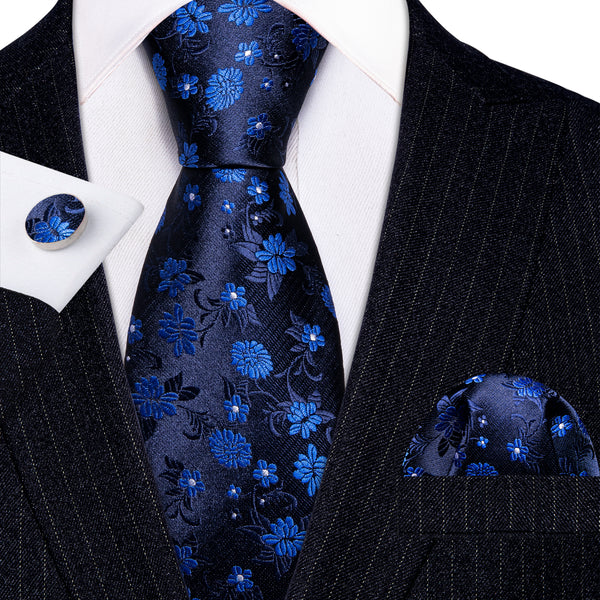 Blue Flower Silk Tie Pocket Square Cufflinks Set