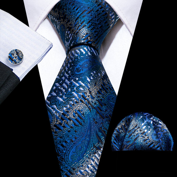 Gradient Blue Paisley Men's Necktie Pocket Square Cufflinks Set